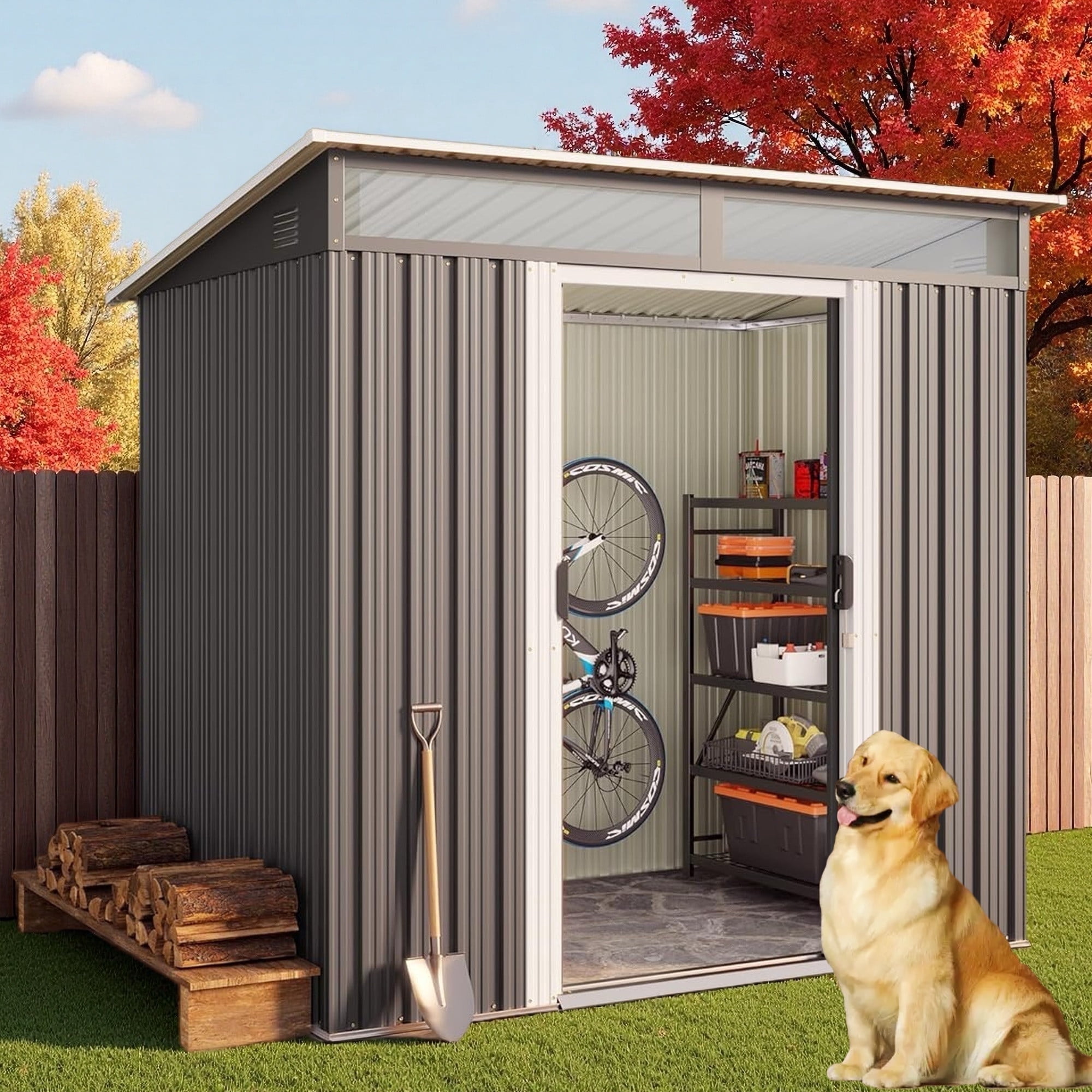 Storage Shed, 6 x 4 FT Outdoor Metal Shed with Double Sliding Lockable Doors, Waterproof Tool House for Garden Backyard, Grey