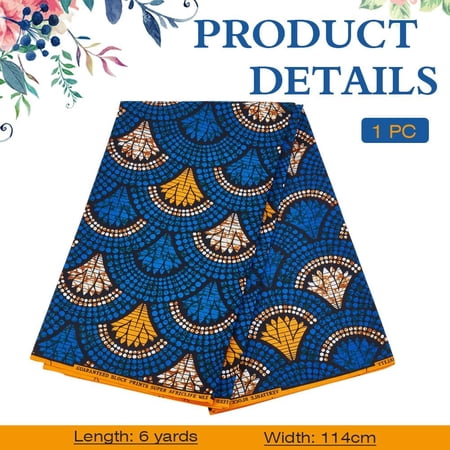 6.4 Yards Blue Polyester African Fabric 44.8 Inch African Ankara Print Fabrics Fan Pattern African Wax Prints Fabric for Dresses Shirts Trousers Bags Curtains Tablecloths