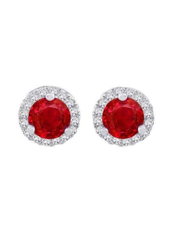 6.40 CT Round Cut Red Ruby with Diamond Stud Halo Earring