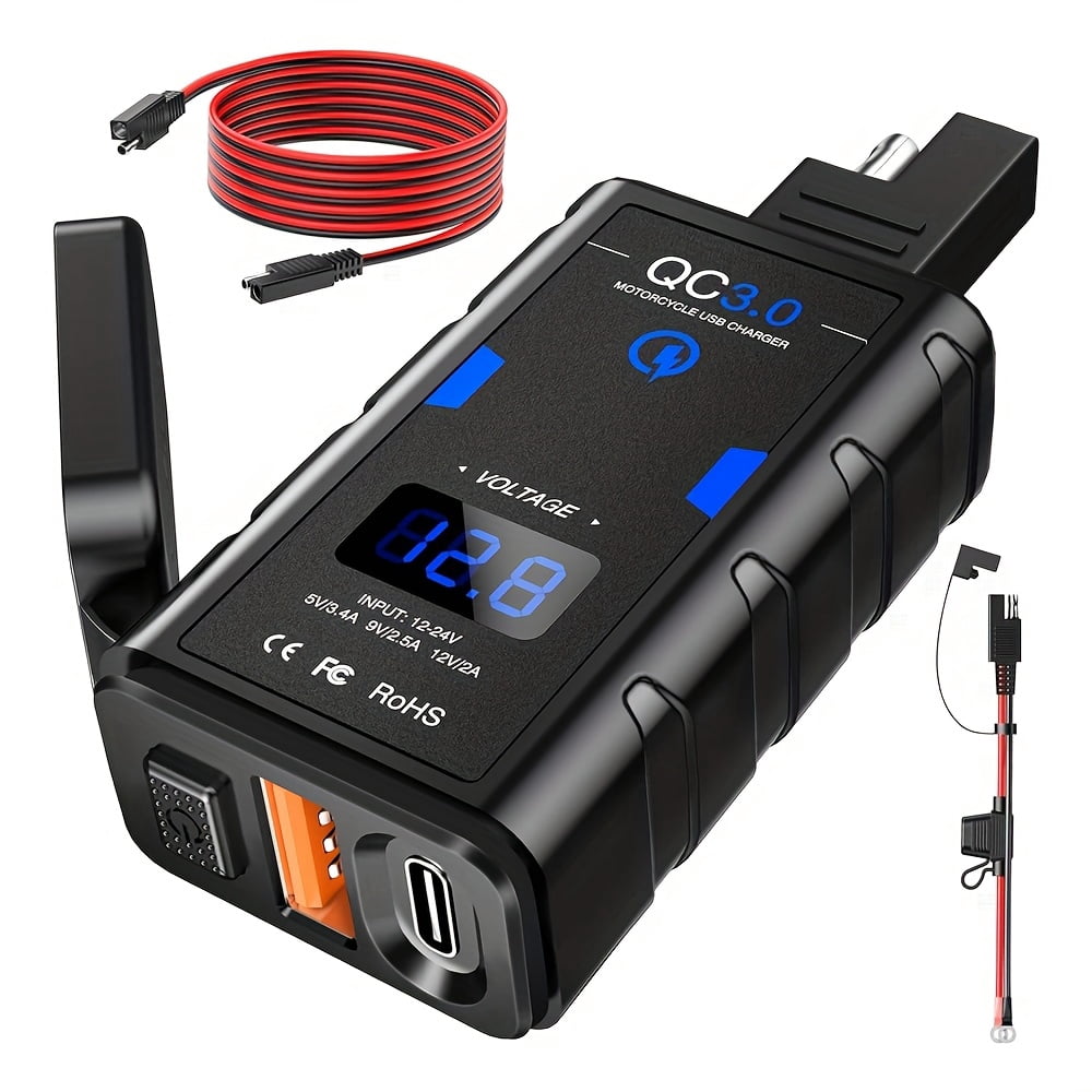 6.4A Motorcycle USB Charger, Total 44W Dual USB Type C PD & Quick Charge 3.0 Motorcycle Phone Charger with Voltmeter & ON/Off Switch, Motorcycle Accessories SAE to USB Adapter