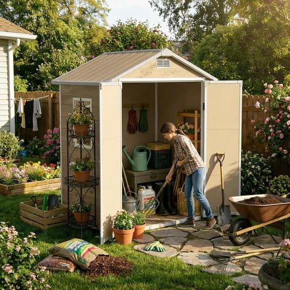 6*4FT PP Gable Roof Storage Shed, Light Grey, Weatherproof UV-Resistant, Lockable Door, Easy Assembly, Brown