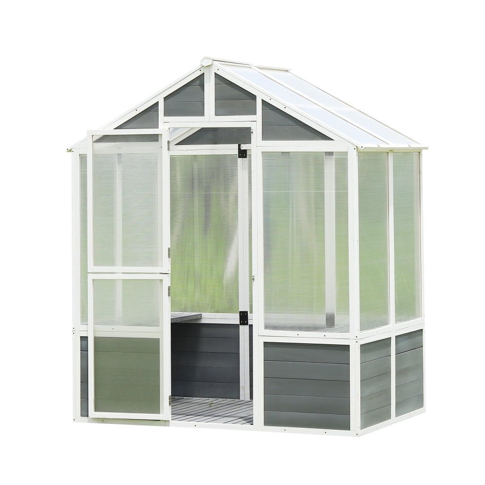 6×4FT Walk-In Wooden Greenhouse with Polycarbonate Panels & Front Door, Outdoor Plant House for Patio & Backyard
