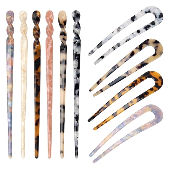 6+4P Acetate Hair Sticks Set, Plutput 2 Styles Tortoise Shell Hair Pins U-Shaped Straight Chopsticks 10 Colors Vintage French Tousle Forks for Women