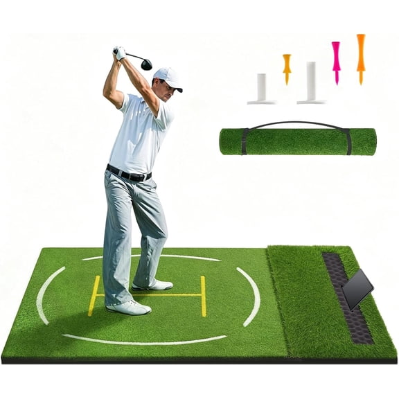 6*4ft 26mm Golf Hitting Mat,Dual Turf Golf Practice Mat with Alignment Guide Lines,Anti-Sway Ball Tray,Ipad Slot, Non Slip Rubber Base & EVA Cushion