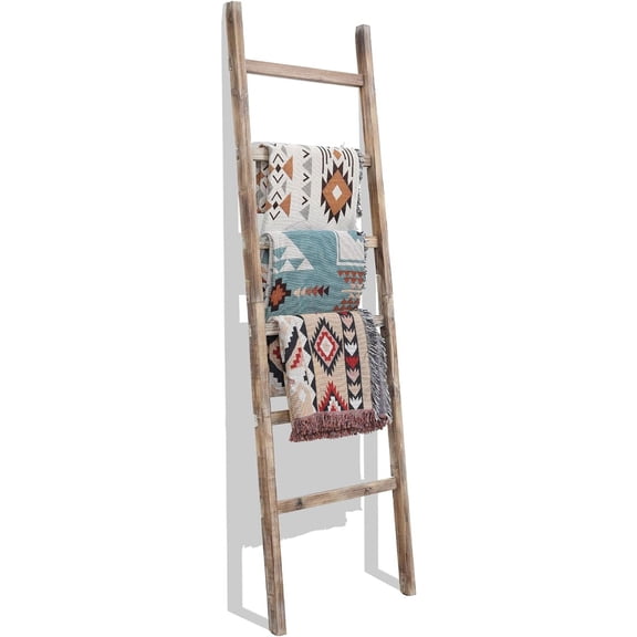 6.4ft Extra Wide Wooden Blanket Ladder Rustic Farmhouse Style Burnt Brown 24 Inch Wide