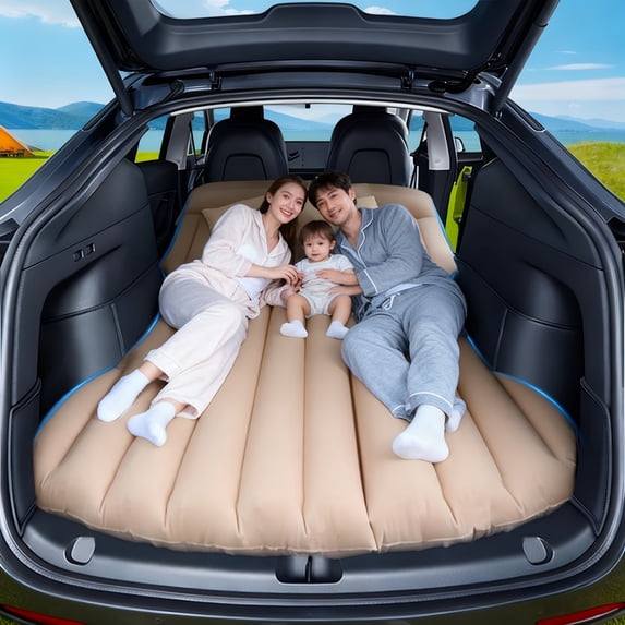 6.4ft foldable inflatable mattress fits Tesla SUVs, trucks and RVs. Ergonomic design, great for travel and camping.