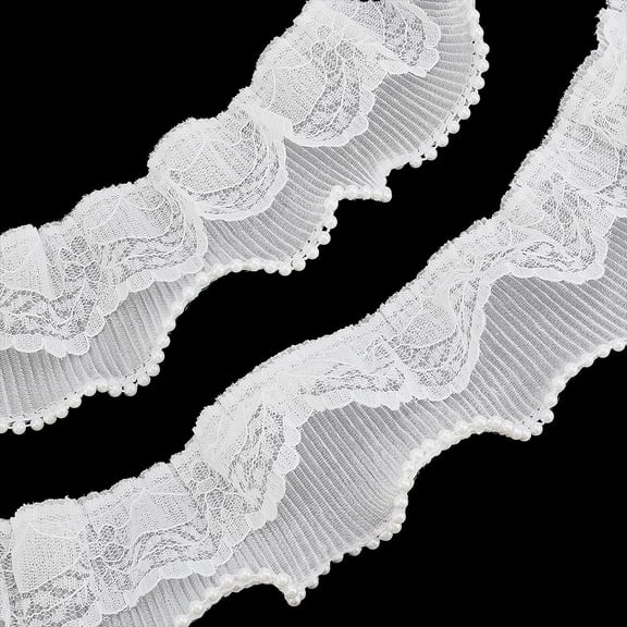 6.4m 6cm White Pearl Trim Lace Ribbon Imiation Pearls Vintage Floral Flower Ribbon Chinlon Ruffles Beaded Lace Edge Trim for Wedding Decor Bridal Dress Clothing Curtains DIY Crafts