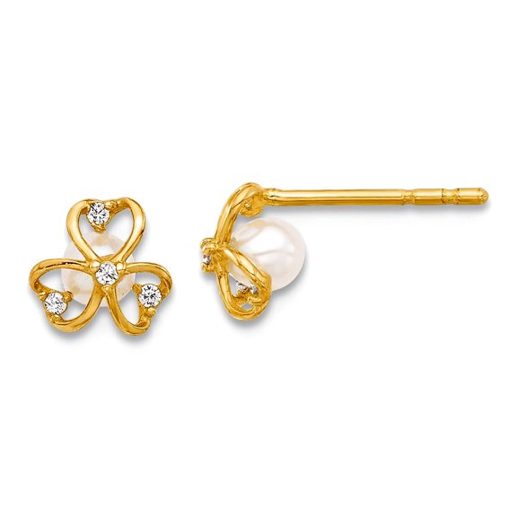 14k Solid Yellow Gold Cubic Zirconia and Freshwater Cultured Pearl Post Earrings 6.1x6.4mm Wide Stud Earring for Women