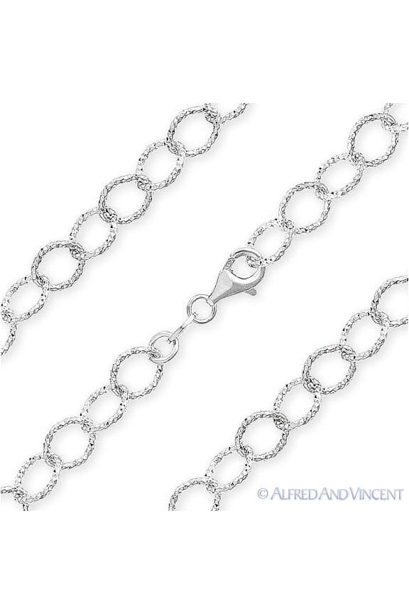 6.4mm Diamond-Cut Pave Oval Cable Link Chain Necklace in .925 Sterling Silver w/ Rhodium