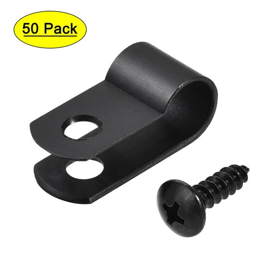6.4mm Nylon R Type Cable Clip Wire Clamp with Screws Black 50 Pieces