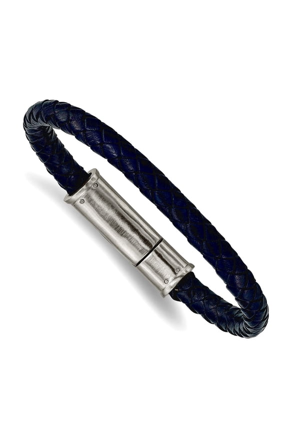 6.4mm Stainless Steel Not engraveable Brushed Navy Blue Braided Leather Bracelet 8.25 Inch Link Bracelet for Women