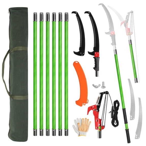 6.5-26FT Manual Pole Saw with 8 Fiberglass Poles, Extendable Tree Trimming Set with Canvas Storage Bag, Branch Trimmer for Pruning, Palms, Shrubs, Green