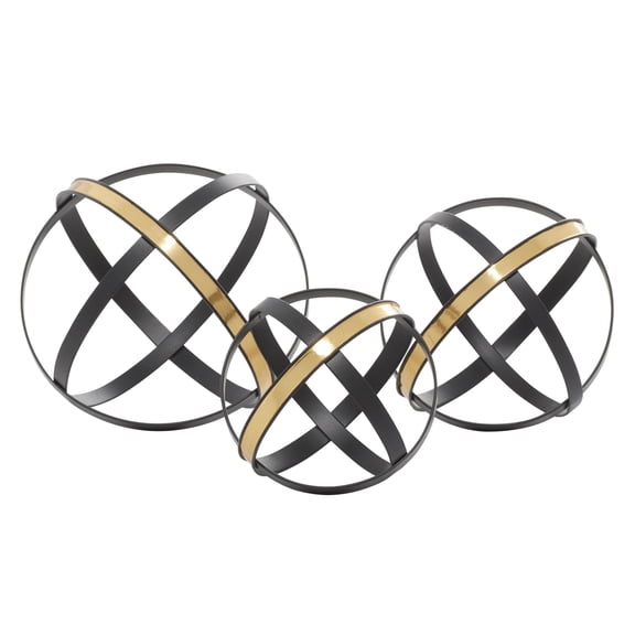 6", 5", 4"H Black Metal Orb Geometric Sculpture with Gold Accents, by DecMode (3 Count)