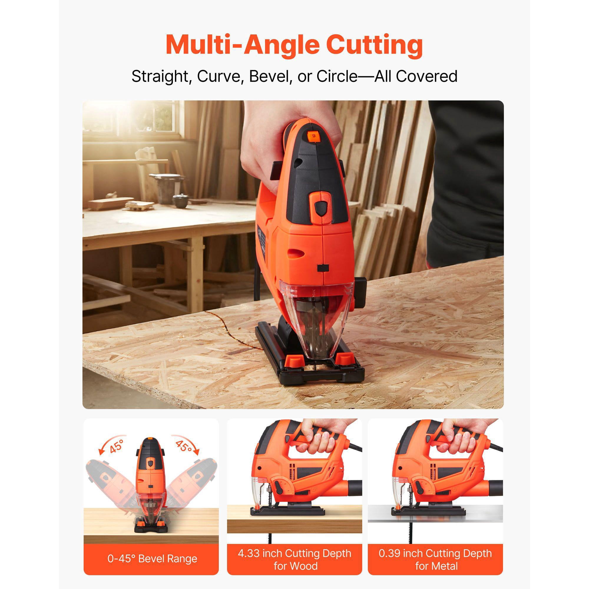 6.5 Amp 3000 SPM Electric Jigsaw with 6 Blades LED Light 6 Variable Speed 0-45 Degree Bevel Cuts 4 Orbital Settings for Wood and Metal Cutting