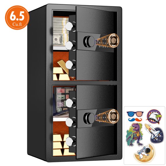 6.5 Cu.Ft Double Door Safe Box,Biometric Fingerprint Safe with Digital Keypad & Emergency Key, Large Fireproof Security Safe with Removable Shelves, Hidden Knob & LED Light for Home Office Hotel Cash