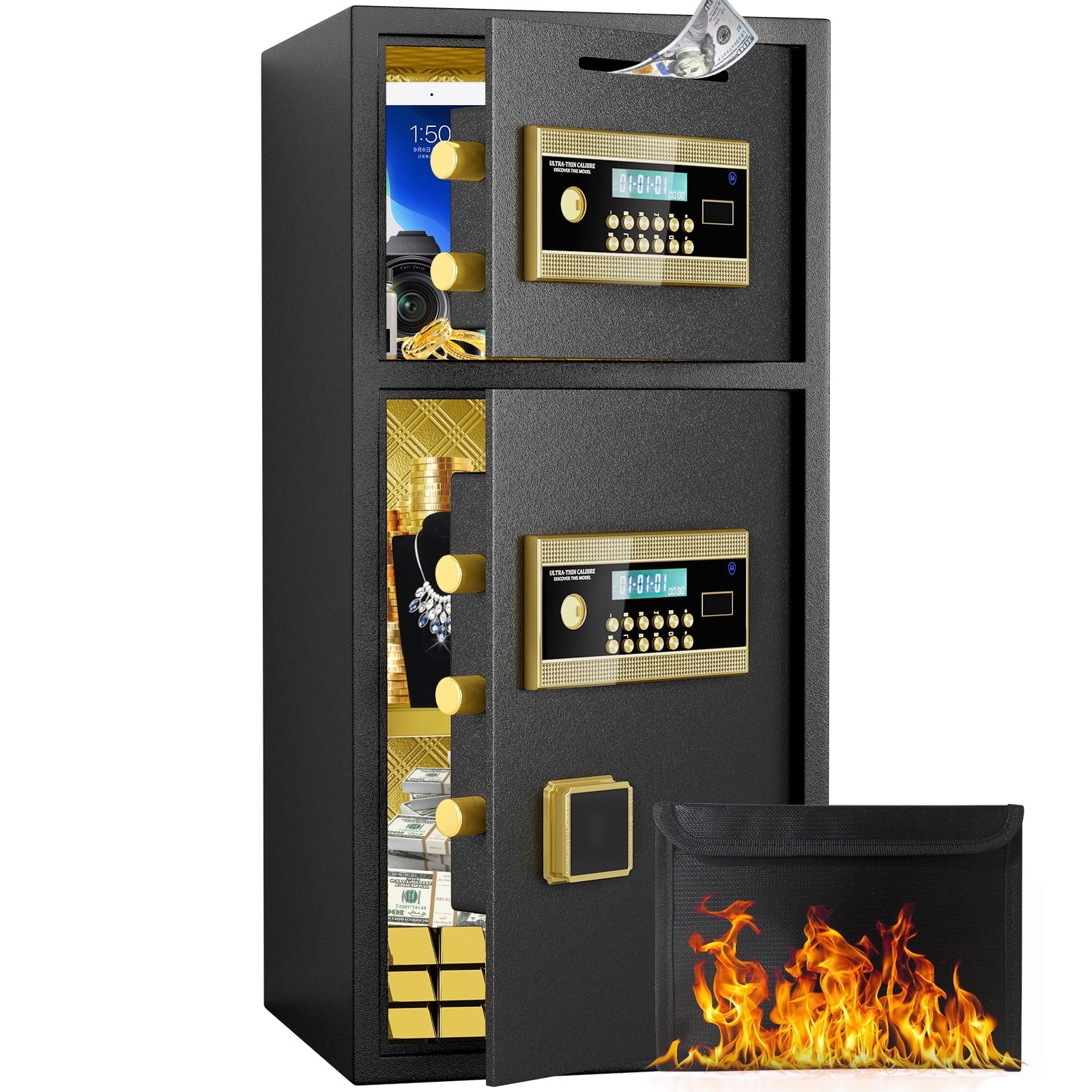 6.5 Cu ft Safe Box with Fireproof Waterproof Bag, Extra Large Home Safe Box with Deposit Slot & Adjustable Shelf, Soft PU Leather Lining Money Safe with Large LCD Screen & Dual Alarm for Home Office