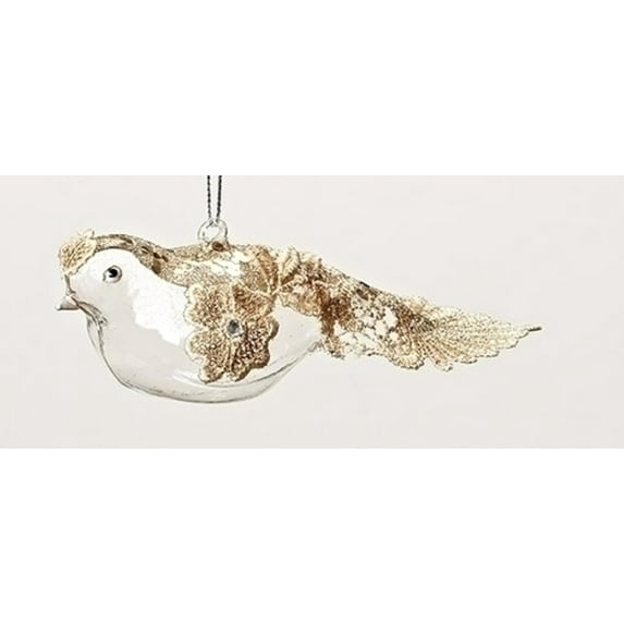 6.5" Elegant Gold Glitter, Lace and Rhinestone Glass Bird Christmas Ornament