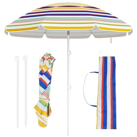 6.5 FT Beach Umbrella, Outdoor Umbrella Sun Shelter with 30 Adjustable Tilt, UPF 50 Sun Protection, Carrying Bag, Vented Top & Sharp Anchor, Stripe Sunshade Parasol for Garden, Pool, Yard, Beach