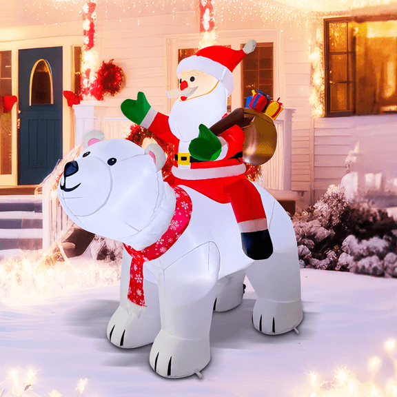 6.5 FT Inflatable Santa Riding Polar Bear with Built-in LED Lights, Cute Blow up Santa Claus Decorations for Christmas Xmas Holiday Party