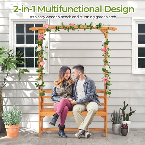 6.5 FT Natural Fir Wood Garden Arbor with Pergola, 2-Seat Outdoor Bench Patio Arch Trellis for Climbing Plants Backyard Garden Decor Yellow