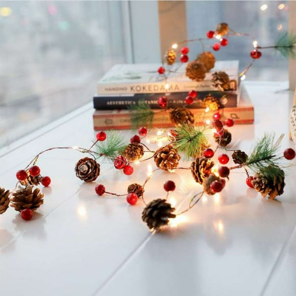 6.5 FT Pine Cone Christmas String Lights, 20 LED Battery Operated Christmas Garland with Red Berry Fairy String Lights for Indoor Outdoor Xmas Fireplace Mantel Decorations