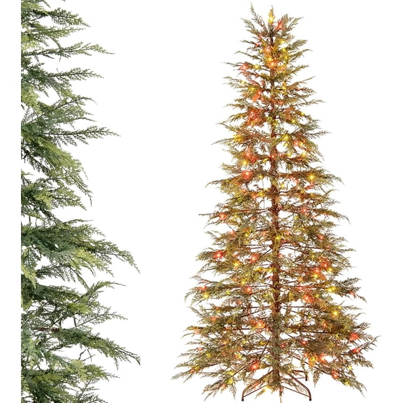 6.5 FT Pre-Lit Sparse Christmas Tree, Hinged Artificial Xmas Tree with 578 Branch Tips, 390 Warm White & Multicolored LED Lights, Foldable Metal Stand, Holiday Decor, Green