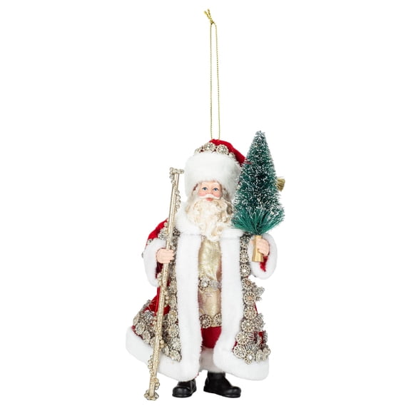 6.5" Fabrich Regal Red Santa With Staff & Christmas Tree