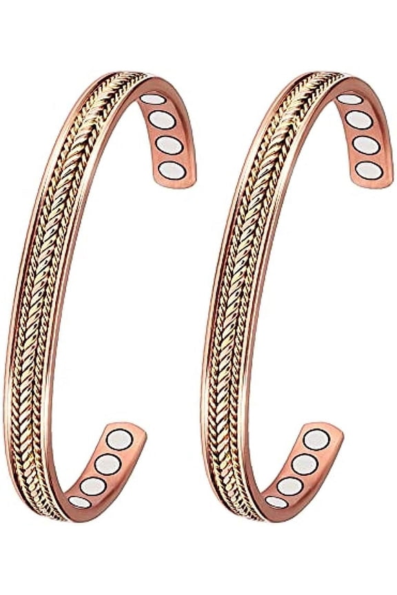 6.5'' Fashion Tri Tone Pure Copper Magnetic Bracelet Set, Set of 2, Adjustable Copper Jewelry for Women Men