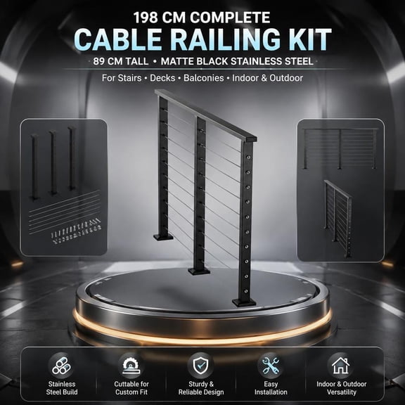 6.5 Ft Cable Railing Kit with Post, 35 in Matte Black 304 Stainless Steel Handrail for Stairs, Deck, Balcony
