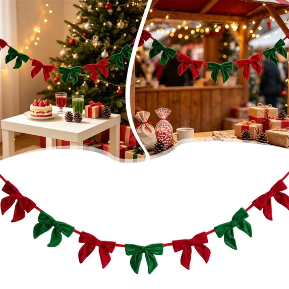 6.5 Ft Christmas Velvet Bow Garland Pre-Strung for Xmas Thanksgiving Decor