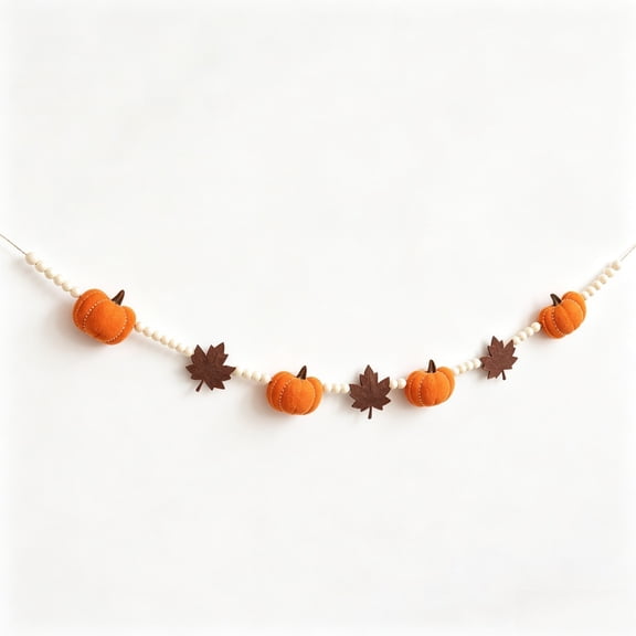 6.5 Ft Fall Felt Pumpkin Garland with Maple Leaves and Wood Beads,Rustic Fall Home Decor for Fireplace, Shelf, Doorway, Wall, Farmhouse Indoor Fall Hanging Decorations