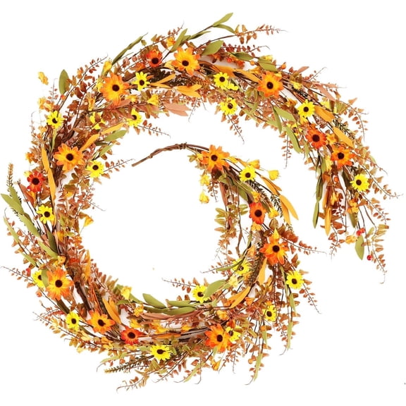 6.5 Ft Fall Leaves Daisy Vine Garlands Artificial Autumn Garland with Wildflower Sunflower Daisy Eucalyptus Garland for Thanksgiving Harvest Door Mantle Fireplace Party