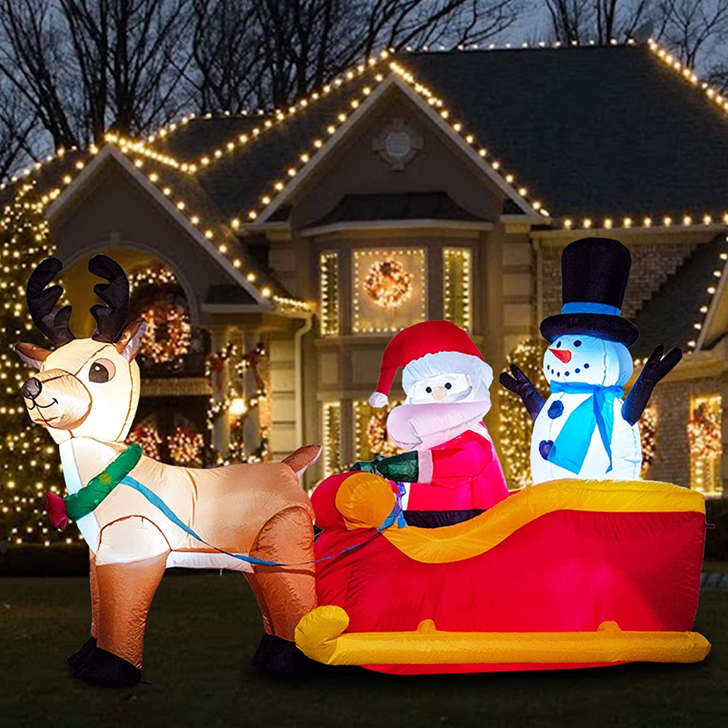 Giant Gemmy Inflatable 7 Foot Light Up Santa purchases and Reindeer Lawn Display