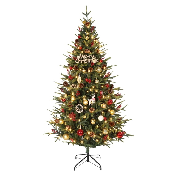 6.5 Ft Prelit Artificial Christmas Tree with 250 Warm White LED Lights, Faux Christmas Tree with 976 PE & PVC Mixed Branch Tips, Metal Stand for Indoor Outdoor Holiday Home Decorations
