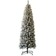 thumbnail image 1 of 6.5 Ft Prelit Pencil Christmas Tree, Flocked & Frosted Skinny Xmas Tree with Branch Tips, Lights, Foldable Stand, Full and Realistic Appearance for Christmas Decor, 1 of 6