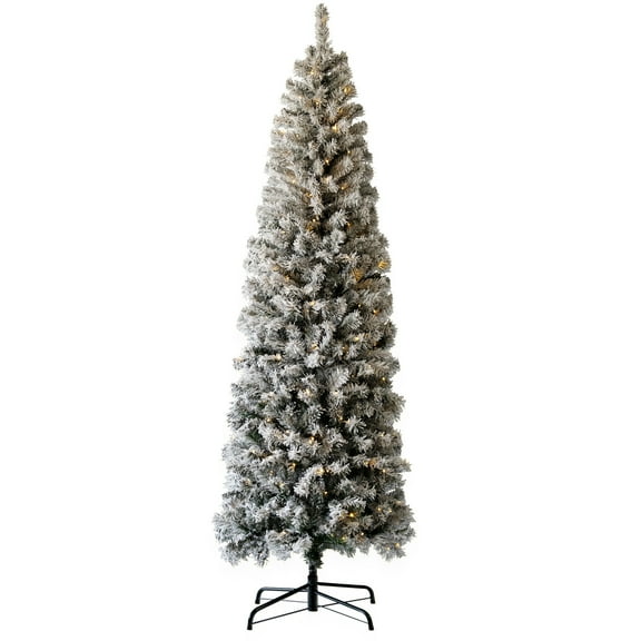 6.5 Ft Prelit Pencil Christmas Tree, Flocked & Frosted Skinny Xmas Tree with Branch Tips, Lights, Foldable Stand, Full and Realistic Appearance for Christmas Decor
