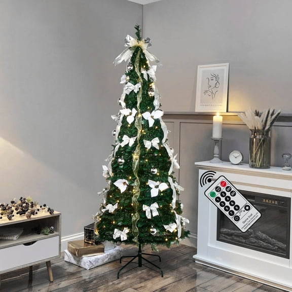 6.5 Ft Prelit Pop up Christmas Tree, Collapsible with Lights and Remote, Bow, Snowflakes for Outdoor Indoor Holiday Party Decor (White)