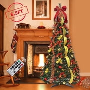 6.5 Ft Pull Up Christmas Tree with Remote, 200 LED Lights, Ornaments, Red&Gold Ribbon, Bows, Collapsible Xmas Trees Holiday Party Decor