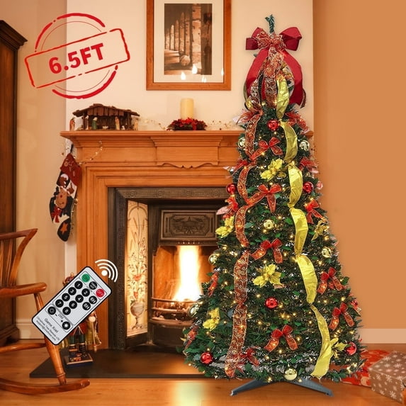 6.5 Ft Pull Up Christmas Tree with Remote, 200 LED Lights, Ornaments, Red&Gold Ribbon, Bows, Collapsible Xmas Trees Holiday Party Decor