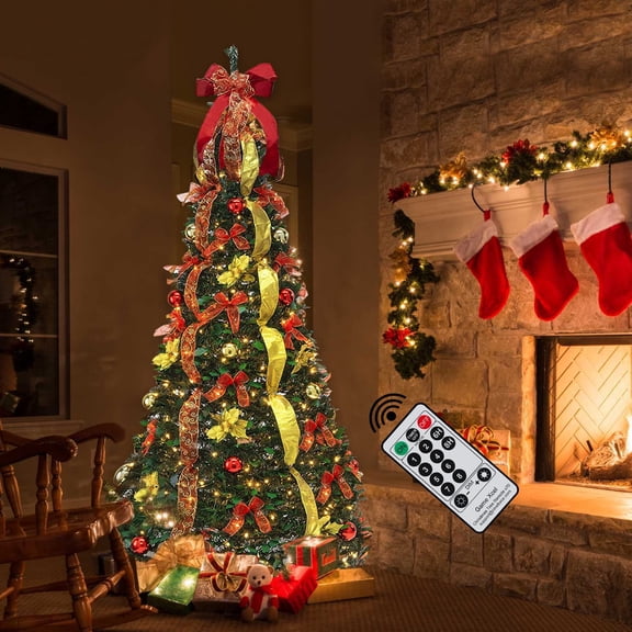 6.5 Ft Pull Up Christmas Tree with Remote, LED Lights, Ornaments, Red&Gold Ribbon, Bows, Collapsible Xmas Trees Holiday Party Decor