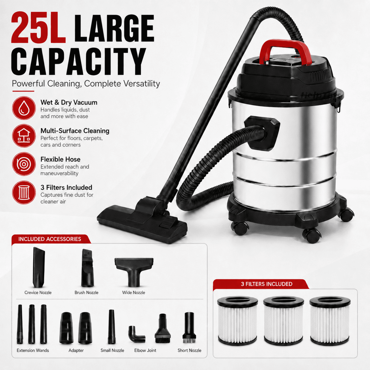 6.5 Gallon 1.6 HP Wet/Dry Vacuum, Stainless Steel Tank, Portable Shop Vacuum with Wheels, Includes 3Filters, Hose & Accessories, Ideal for Garage and Workshop