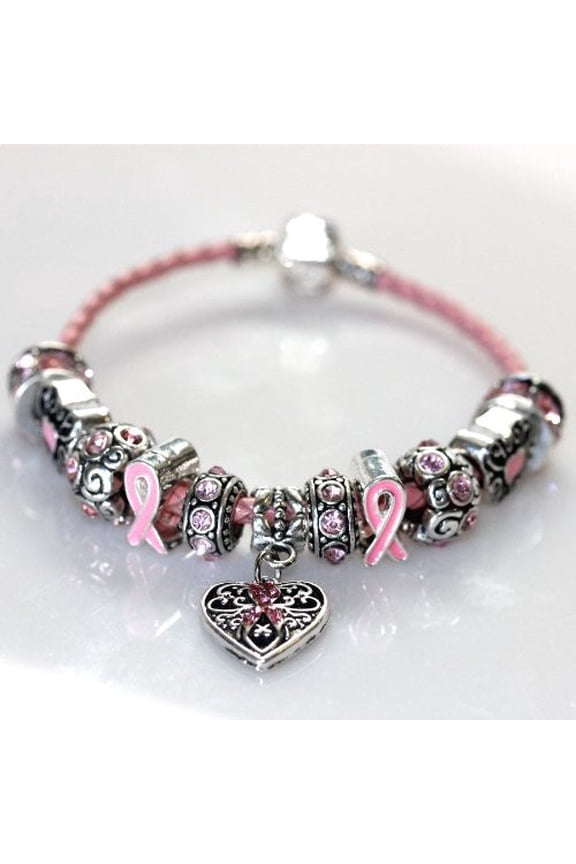 6.5" Genuine Leather Bracelet Pink Breast Cancer Awareness Charm Bracelet