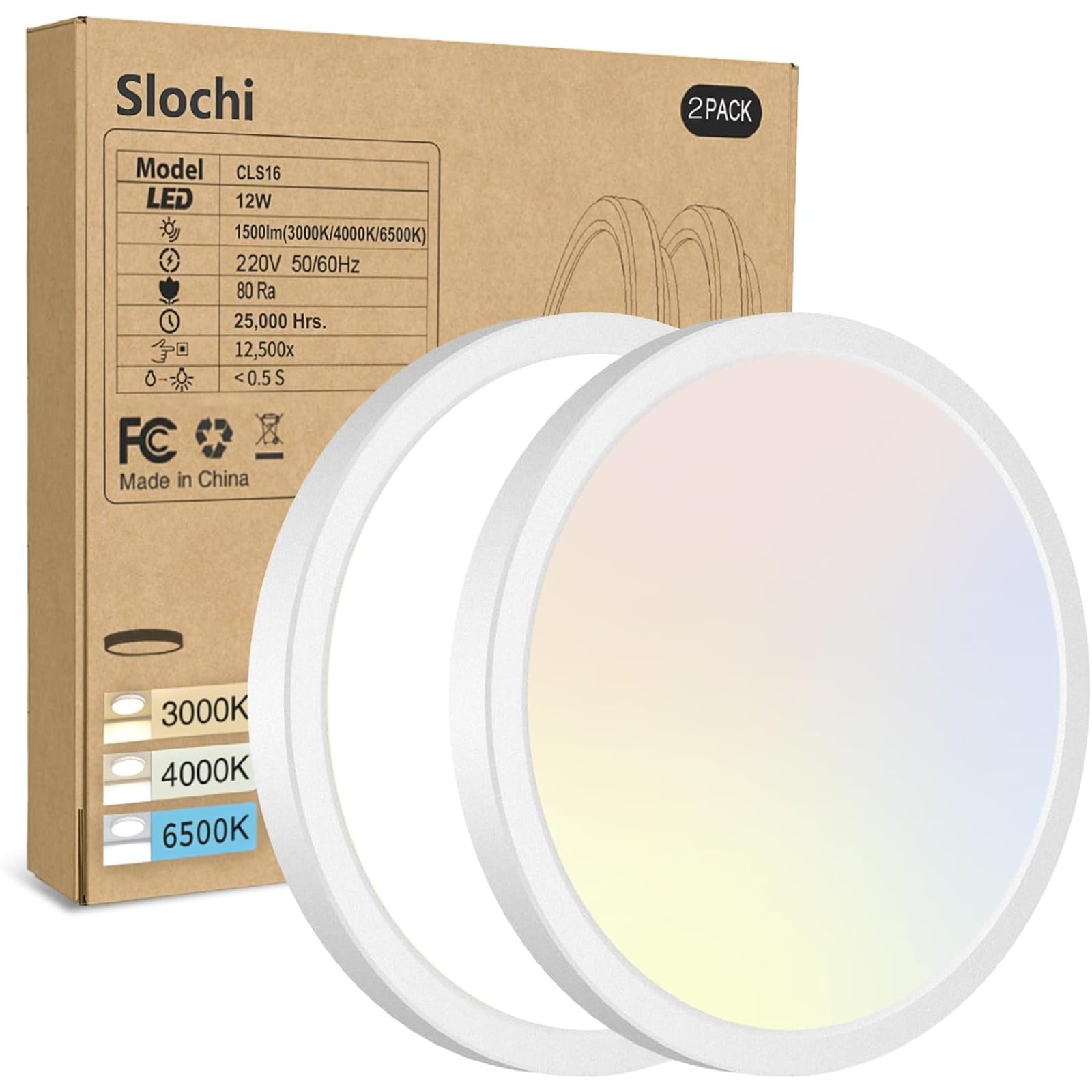 6.5 Inch LED Flush Mount Ceiling Light, Dimmable & 100W Equivalent Super Slim LED Ceiling Light, 3000K-6500K Selectable, 12W 1500Lm Round Light Fixture for Bedroom, Bathroom, Closet, Hallway