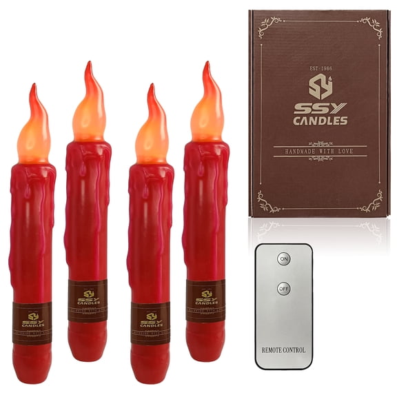 6.5 Inch Printed Flameless Candle Real Wax Red LED Taper Candles with Remote Control for Weddings Home Decoration Christmas,Pack of 4