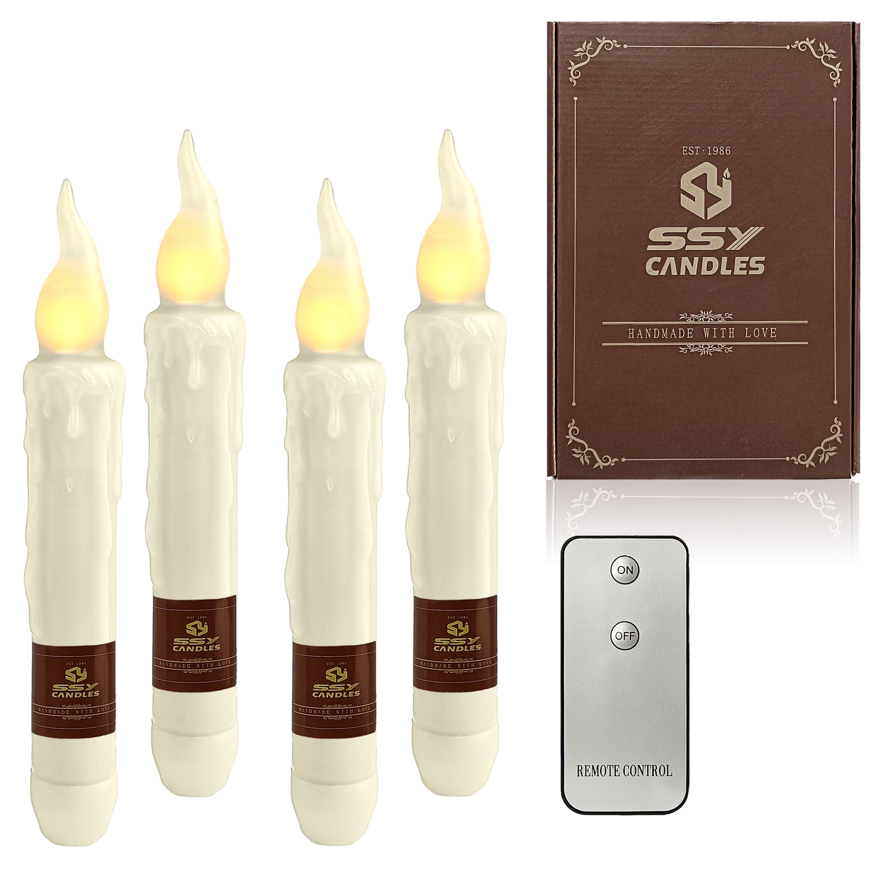 6.5 Inch Printed Flameless Candle Real Wax White LED Taper Candles with Remote Control for Weddings Home Decoration Christmas,Pack of 4