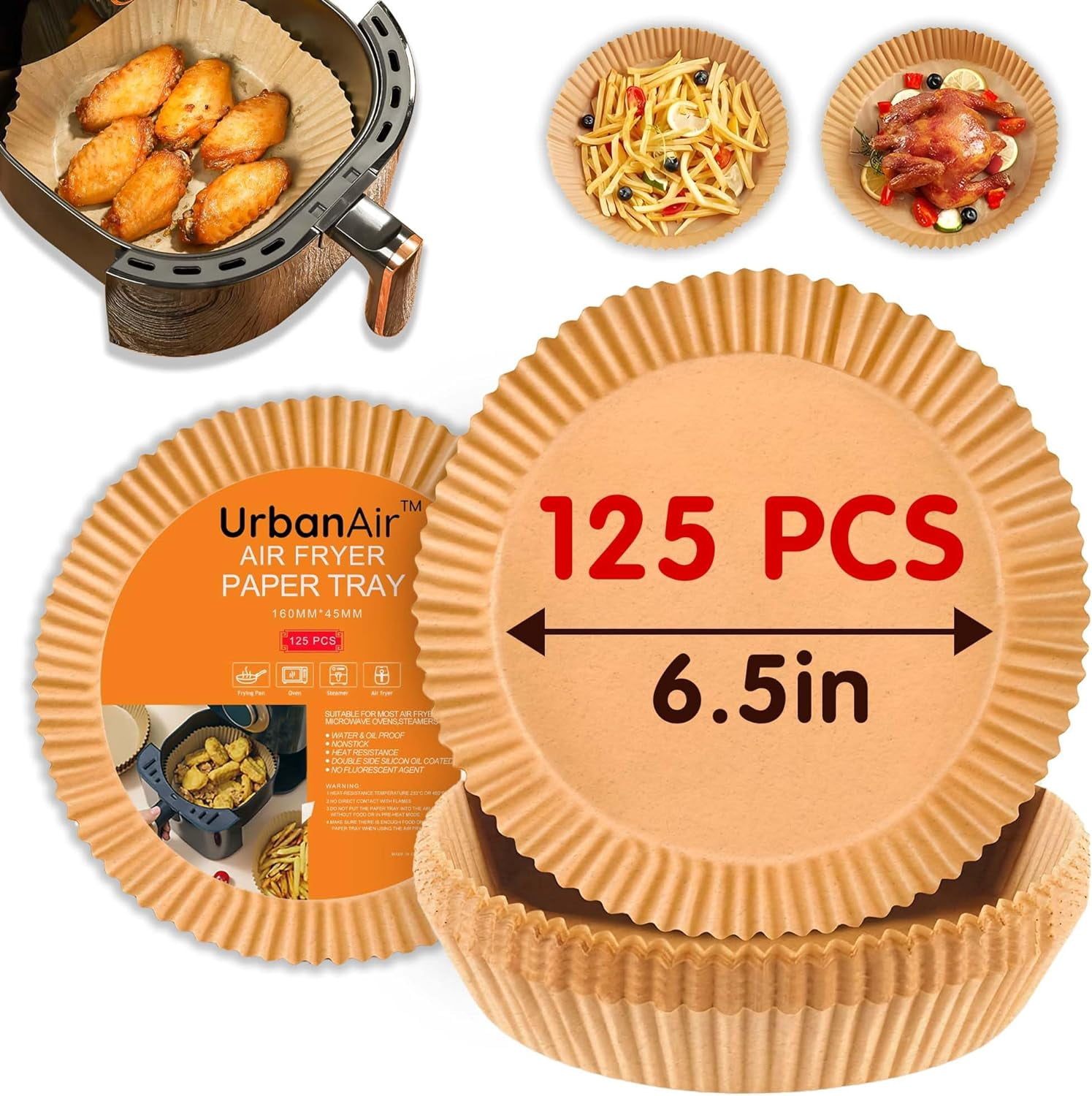 6.5-Inch Round Air Fryer Paper 125pcs Liners for Easy Cleanup - Non-Stick, Heat-Resistant, and Perfect Fit for Hassle-Free Cooking | Bleach-Free Parchment| (6.5 in/16 cm 125pcs)