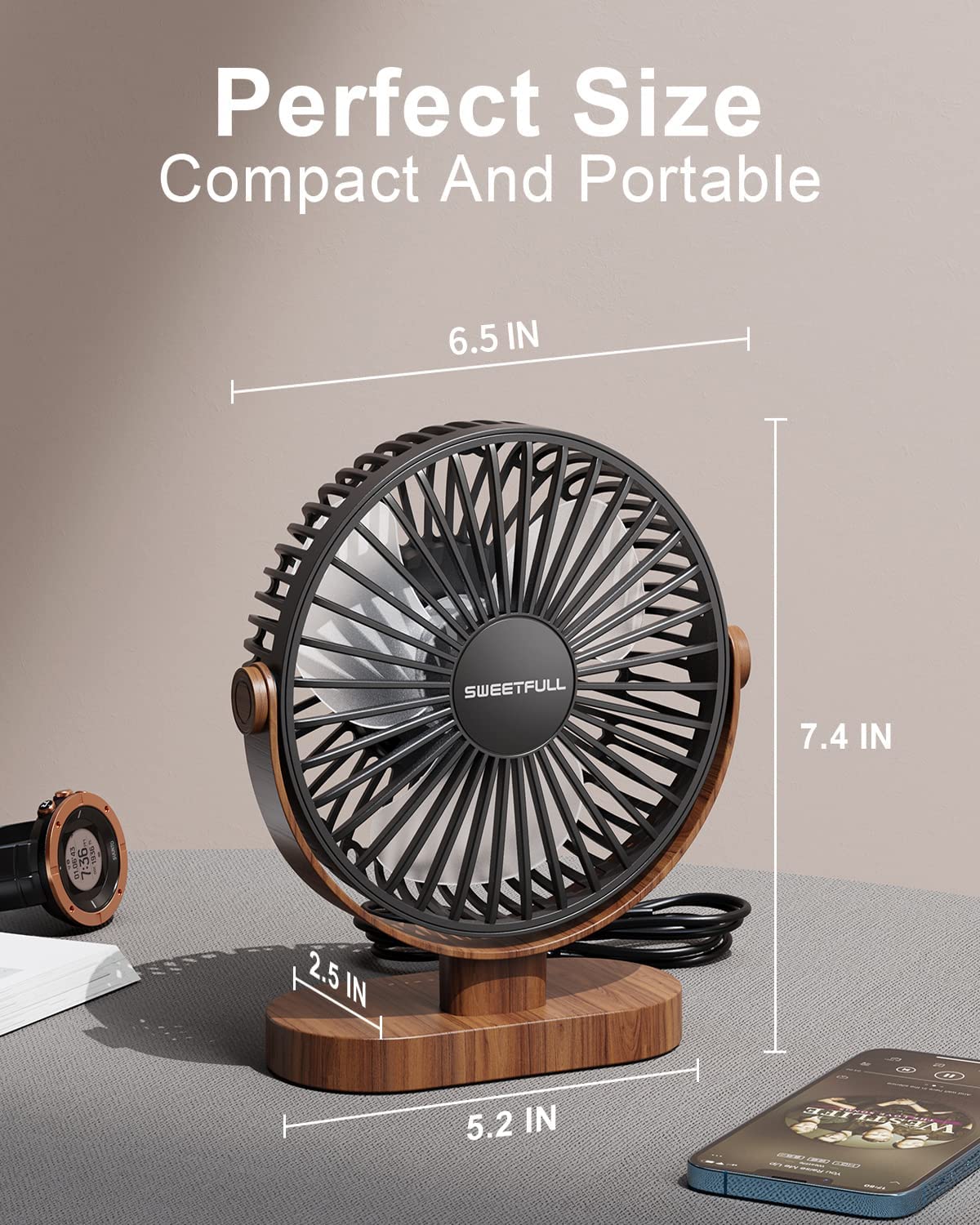 6.5 Inch USB Desk Fan, 3 Speeds, Quiet Portable  Fan with 360° Adjustment, Black Wood Grain
