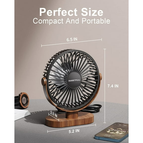 6.5 Inch USB Desk Fan, 3 Speeds, Quiet Portable  Fan with 360° Adjustment, Black Wood Grain