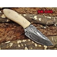 thumbnail image 1 of 6.5" Long Damascus steel hand forged compact skinning Knife, 3" drop point full tang blade, Camel Bone scale, Cow hide Leather sheath, 1 of 6