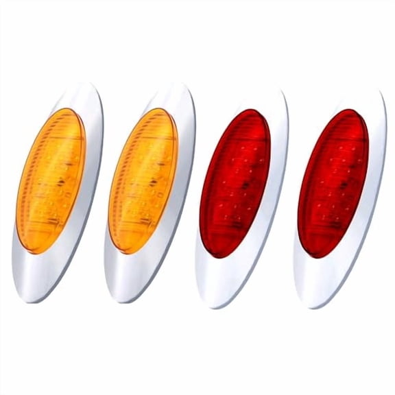 6.5" Oval 16 LED Side Marker Turn Signal Lights Chrome Bezel 2x Amber + 2x Red